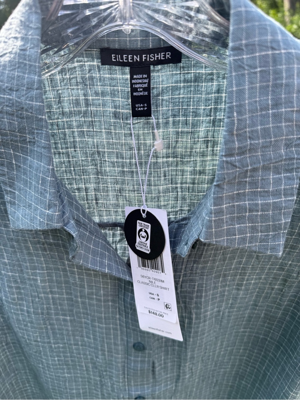 Eileen Fisher Organic Linen Grid Sleeveless Button Shirt Nile S NWT - Picture 2 of 16